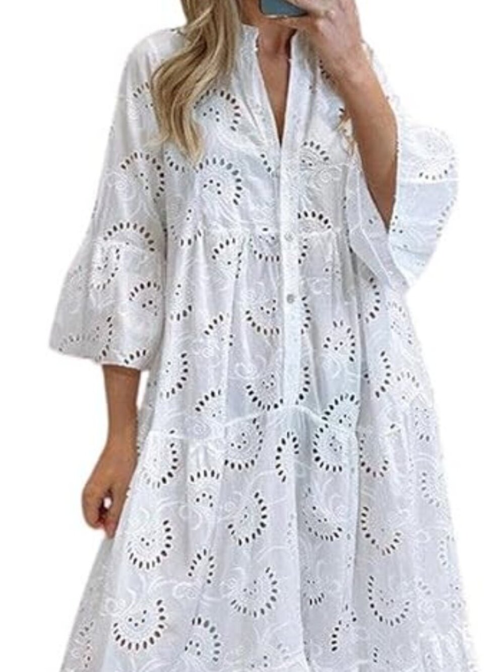 Women's 2026 Lace Eyelet Embroidery Maxi Dress V-Neck Trumpet Sleeve Boho Flowy